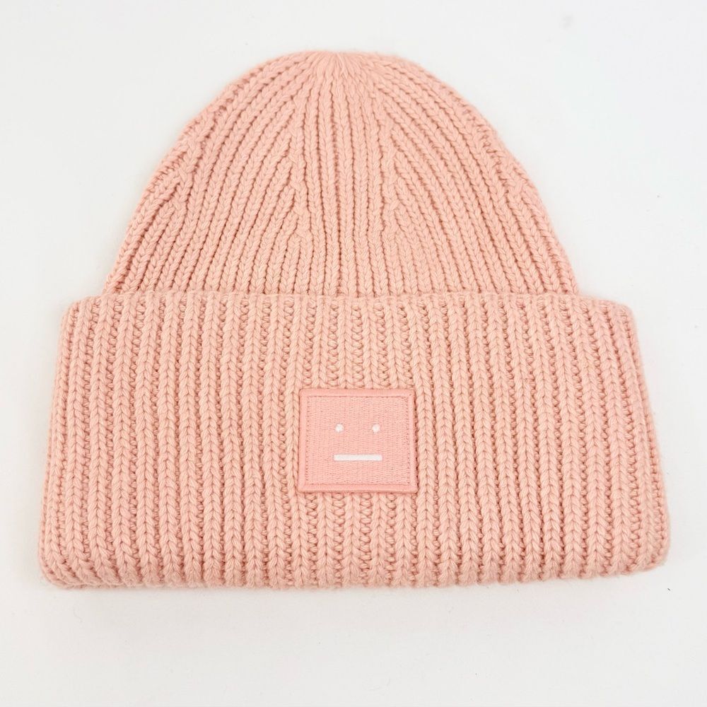 Acne Studios Face Logo Pansy Wool Peach Pink Knit Beanie